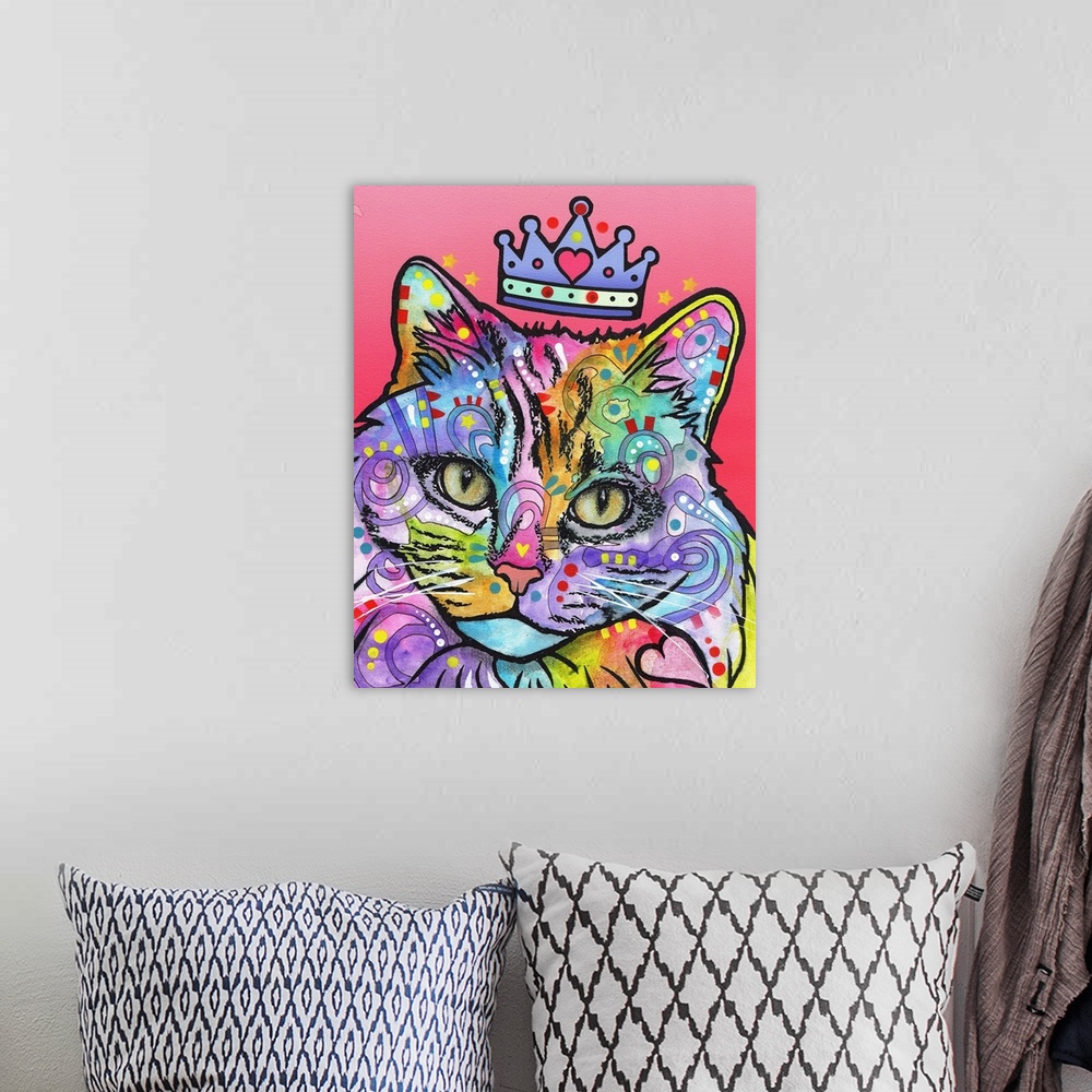A bohemian room featuring Colorful illustration of a princess cat wearing a crown and covered in abstract markings on a pin...