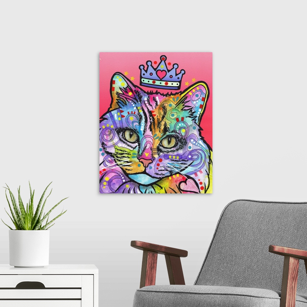 A modern room featuring Colorful illustration of a princess cat wearing a crown and covered in abstract markings on a pin...