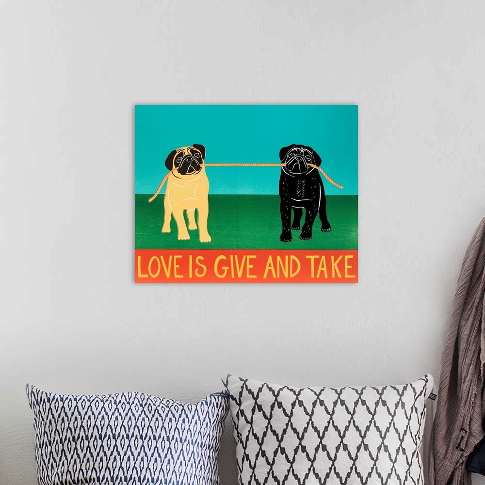 A bohemian room featuring Love Is Give And Take Black And Tan Pugs