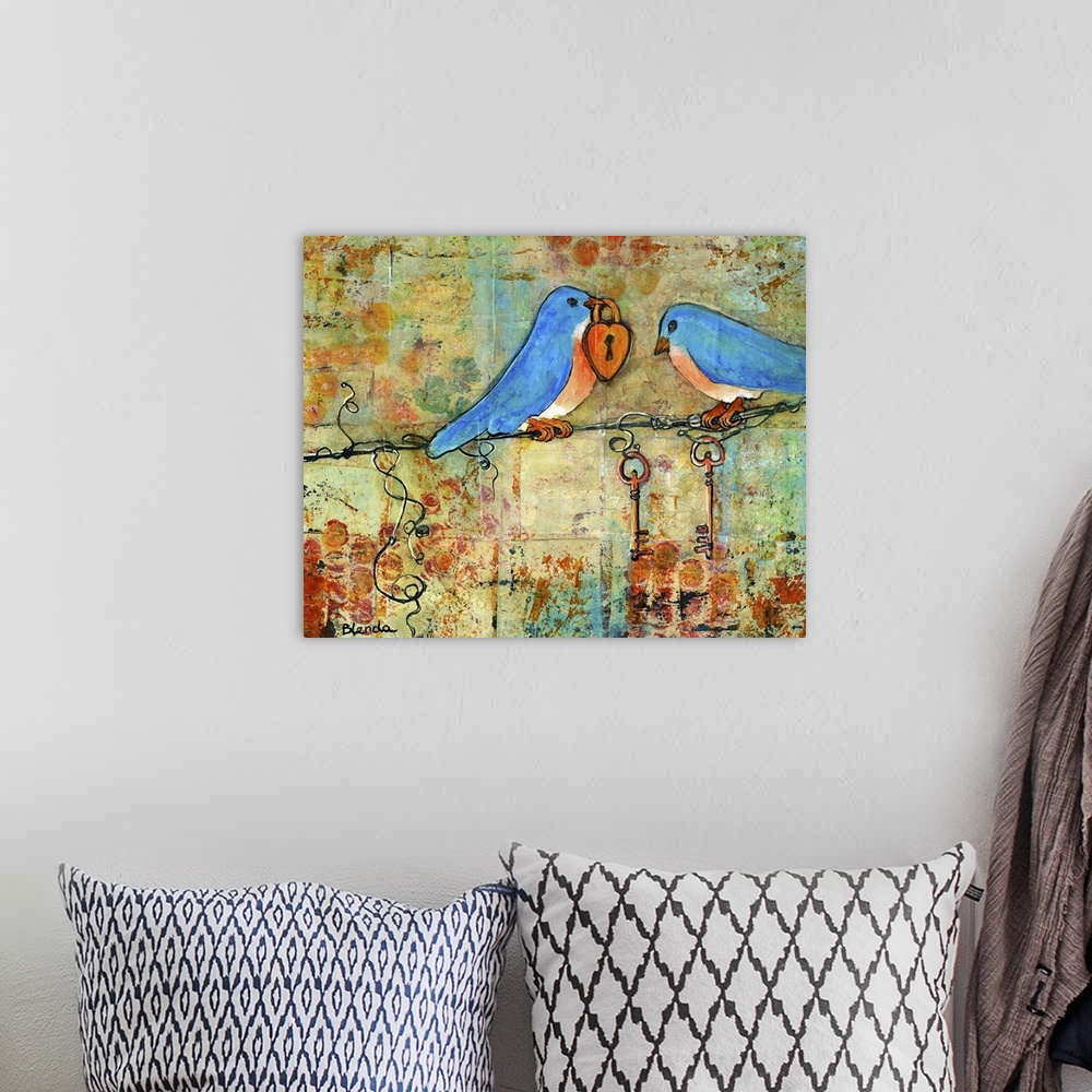 A bohemian room featuring Lighthearted contemporary painting of two bluebirds with one of them holding a love lock, against...