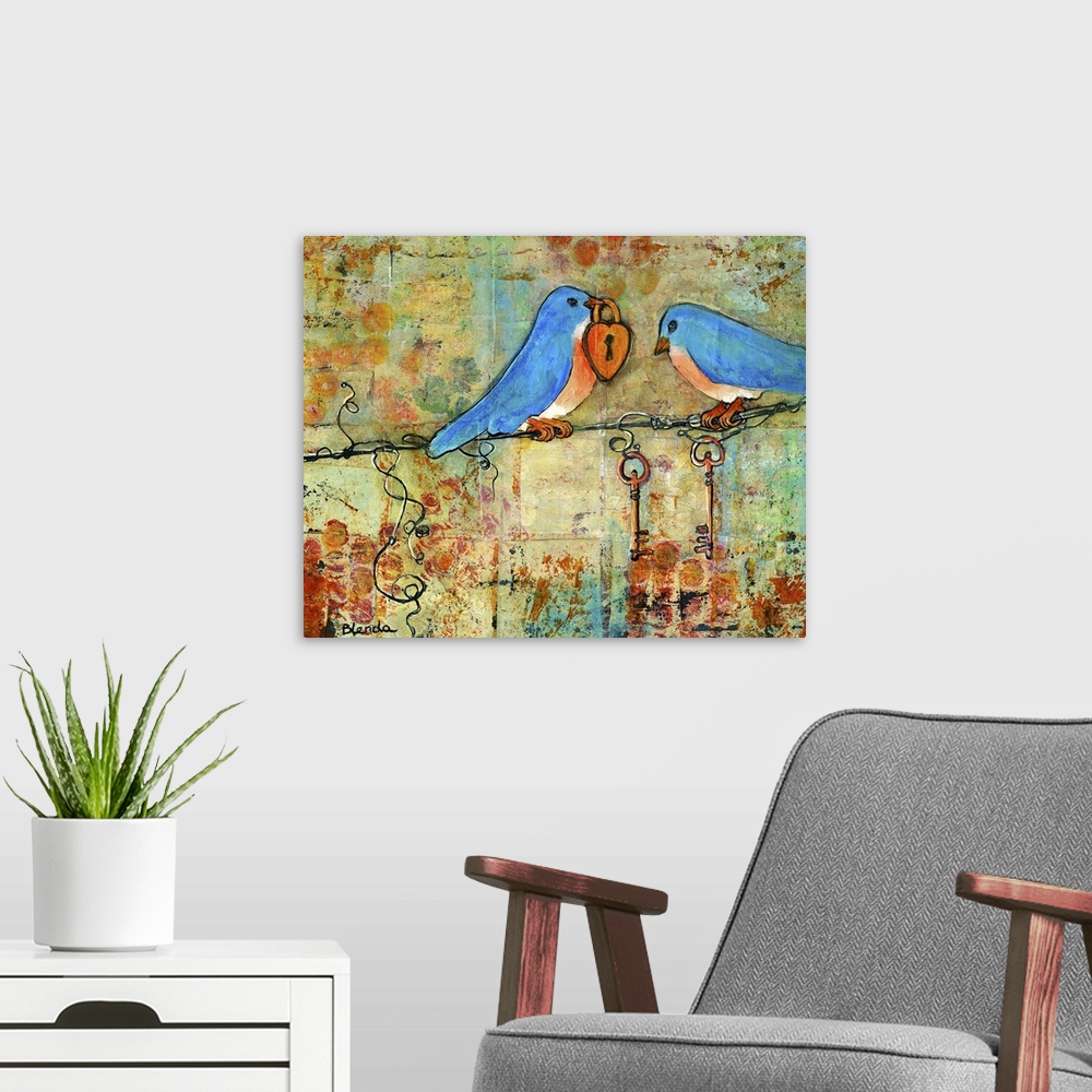 A modern room featuring Lighthearted contemporary painting of two bluebirds with one of them holding a love lock, against...