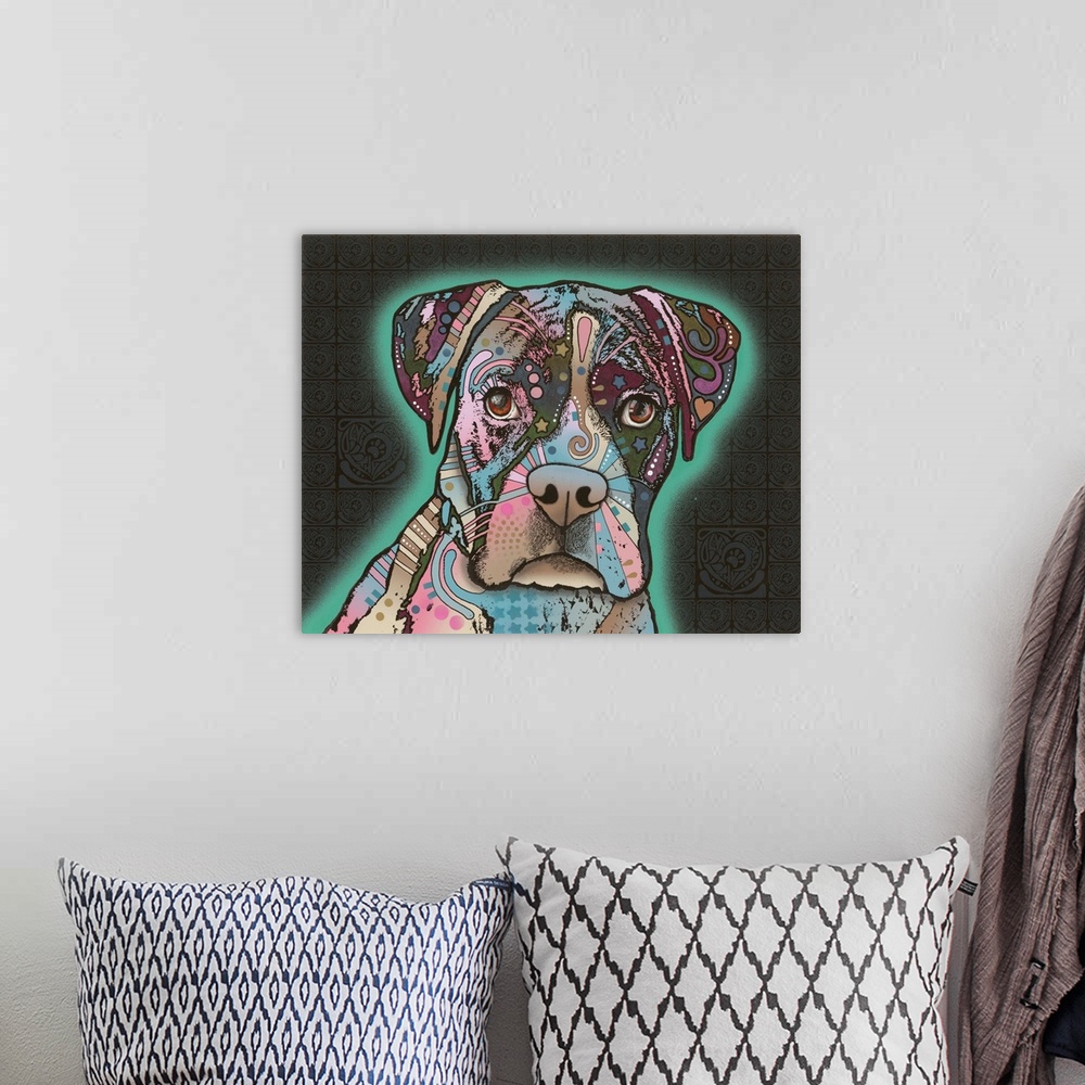 A bohemian room featuring Colorful illustration of a Boxer with a teal spray painted outline on a dark detailed background.