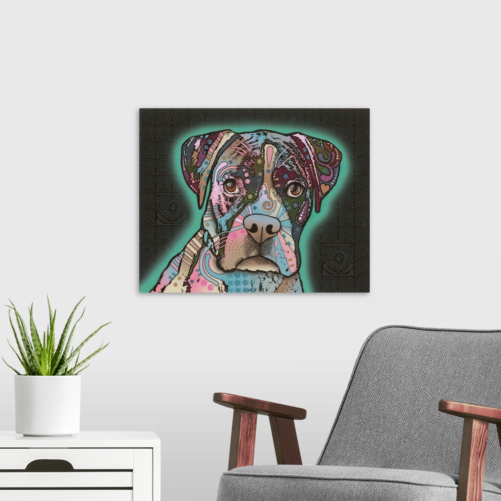 A modern room featuring Colorful illustration of a Boxer with a teal spray painted outline on a dark detailed background.