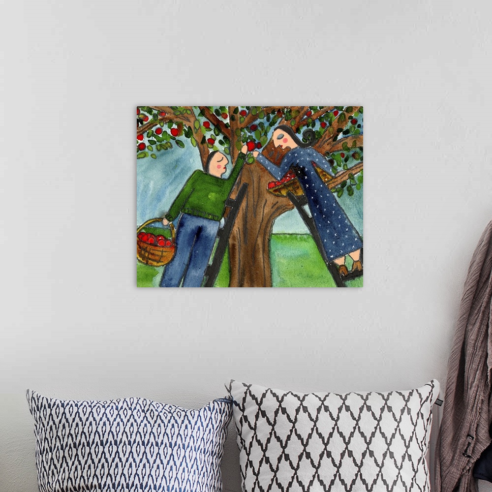 A bohemian room featuring A couple in love picking apples from an apple tree.