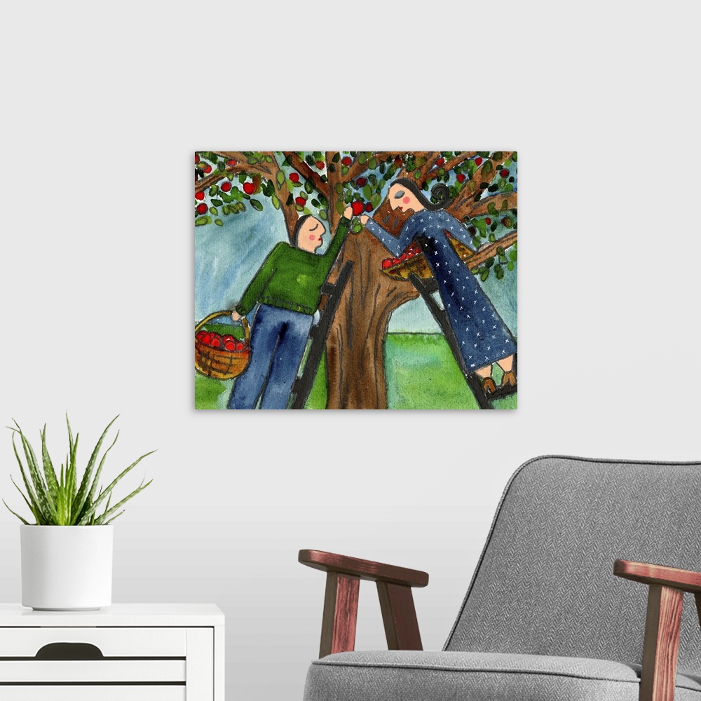 A modern room featuring A couple in love picking apples from an apple tree.