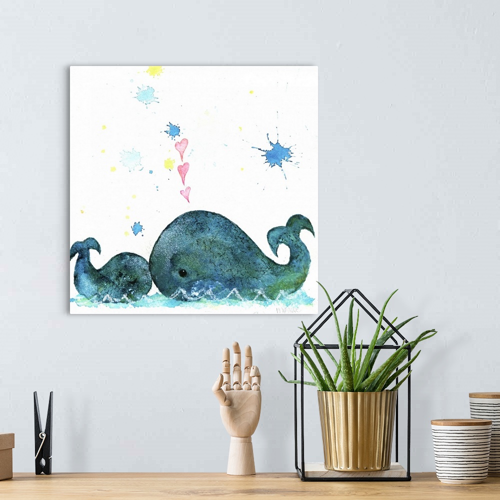 A bohemian room featuring A mother and baby whale in the ocean.