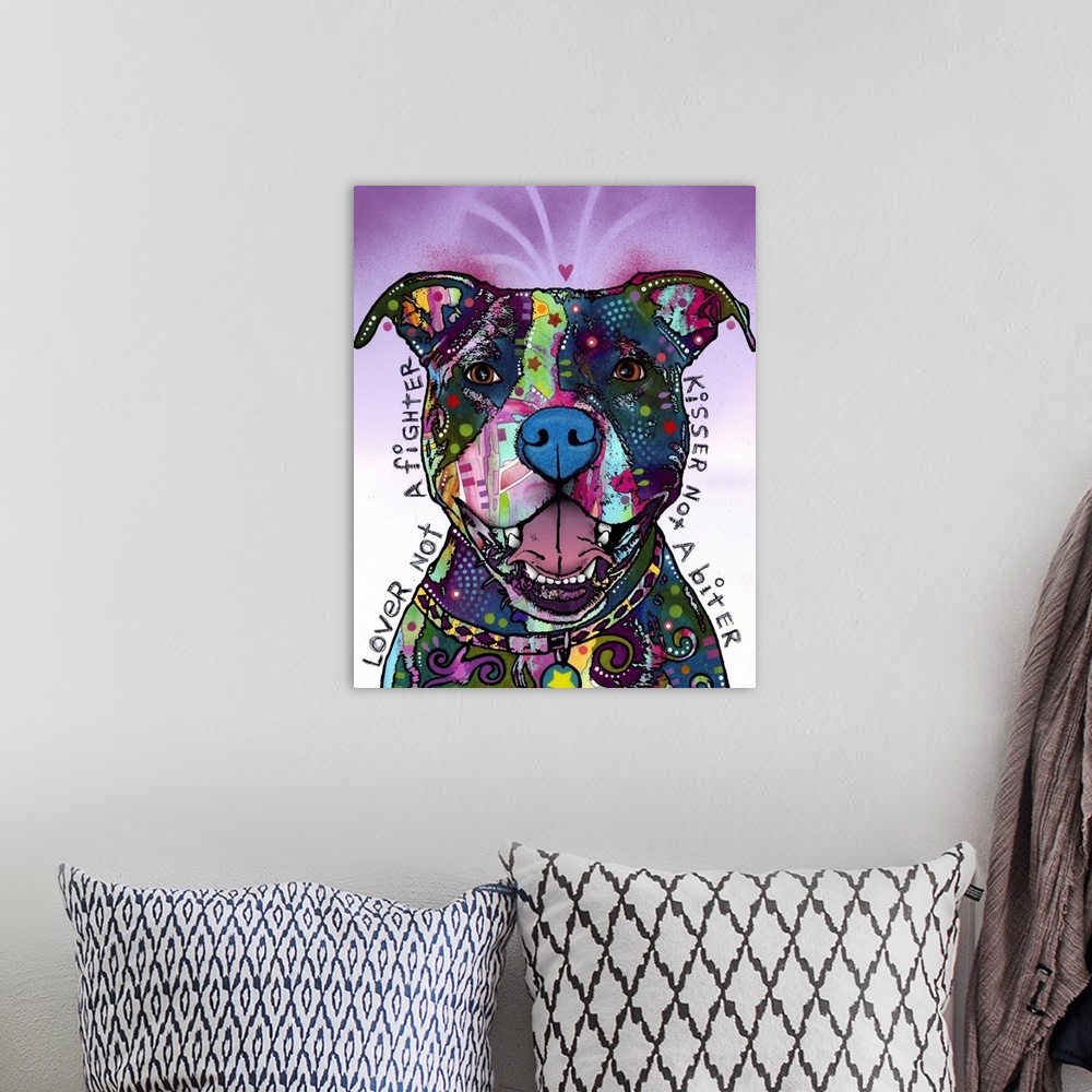 A bohemian room featuring Painting in an abstract manner of a dog created with various patterns and colors and text written...