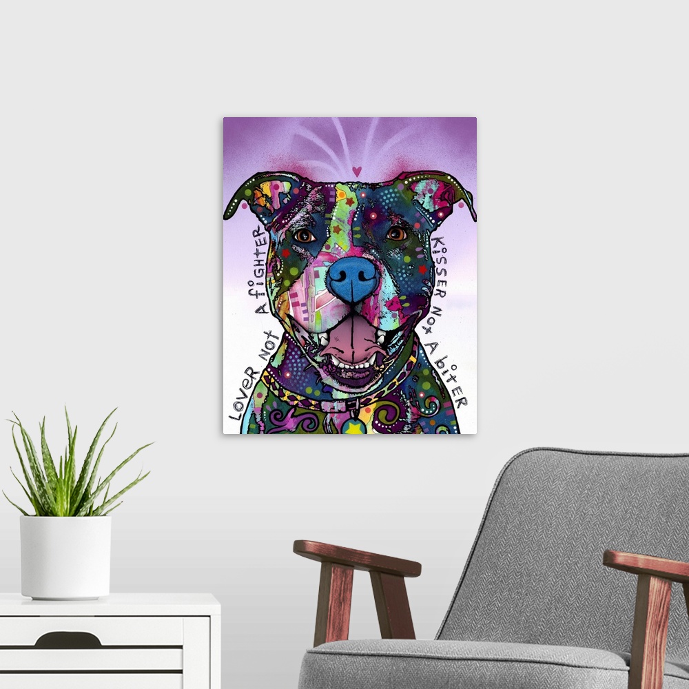 A modern room featuring Painting in an abstract manner of a dog created with various patterns and colors and text written...