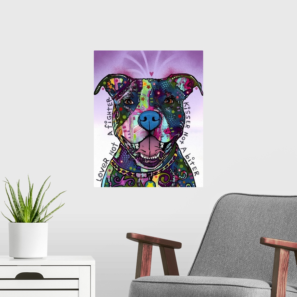A modern room featuring Painting in an abstract manner of a dog created with various patterns and colors and text written...