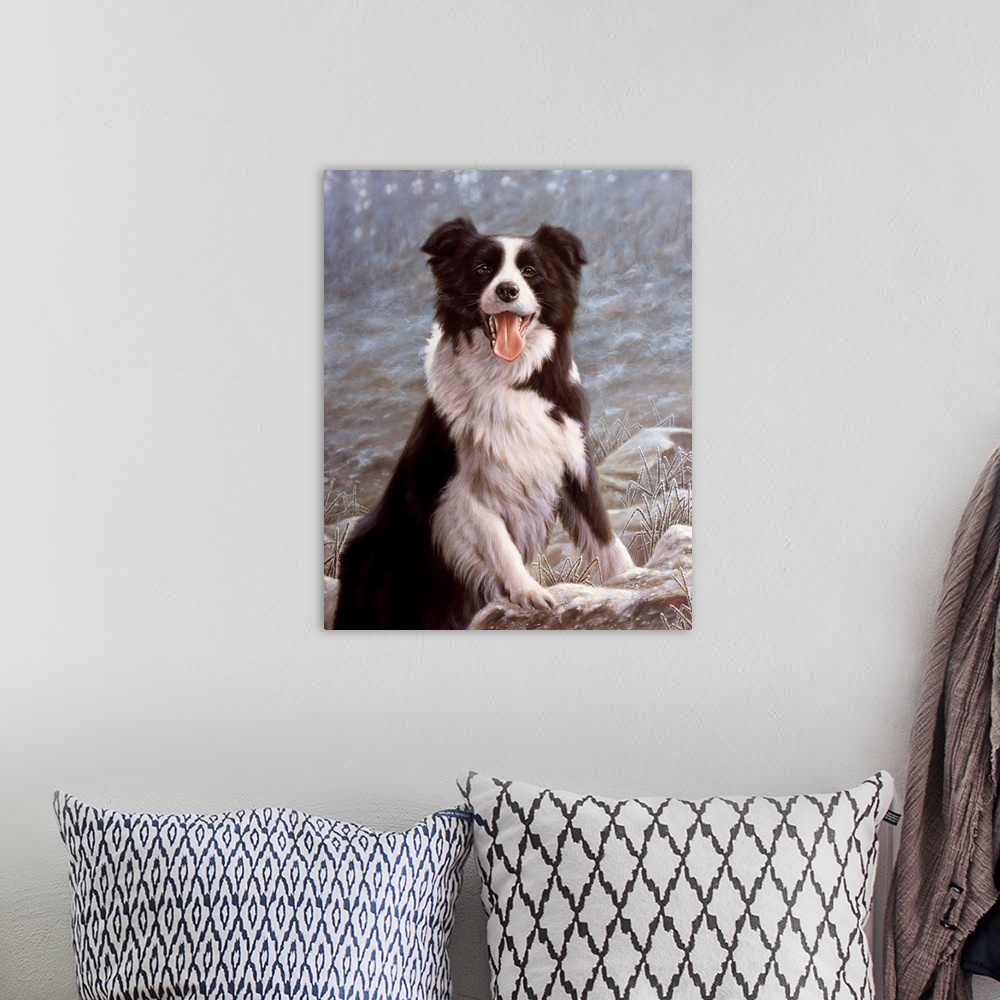 A bohemian room featuring Contemporary painting of a border collie.