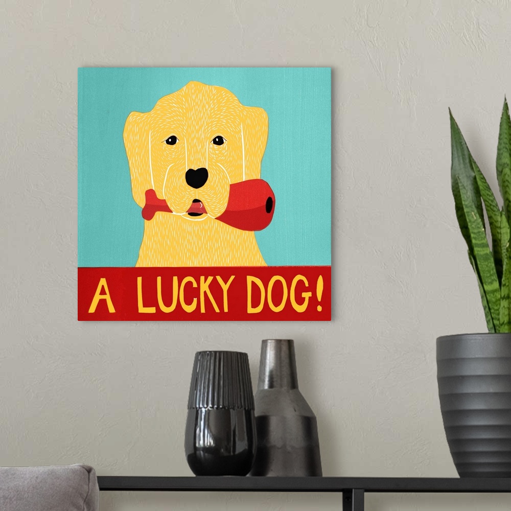 A modern room featuring Illustration of a yellow lab with a chicken leg in its mouth with the phrase "A Lucky Dog!" writt...