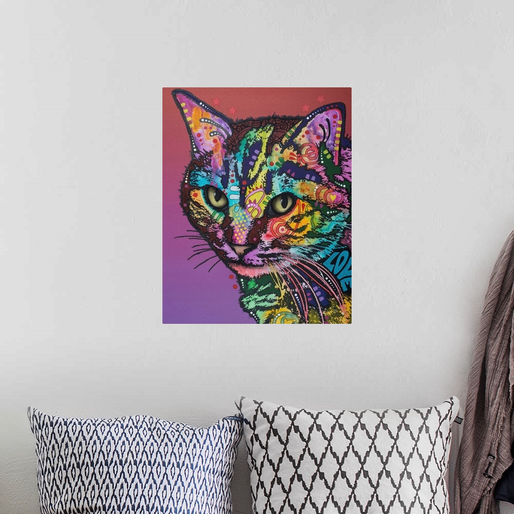 A bohemian room featuring Colorful illustration of a cat with abstract designs all over on a maroon to purple gradient back...