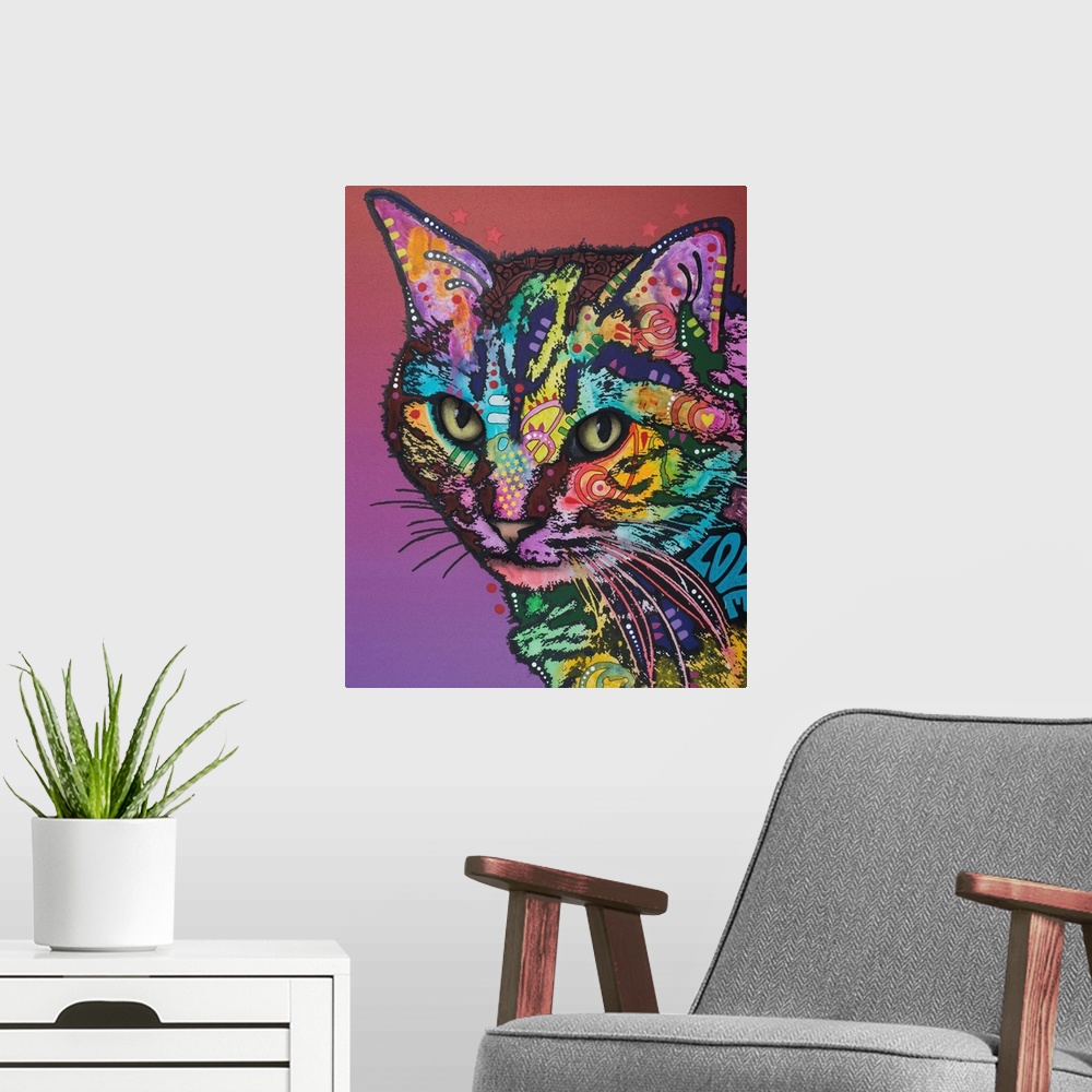 A modern room featuring Colorful illustration of a cat with abstract designs all over on a maroon to purple gradient back...
