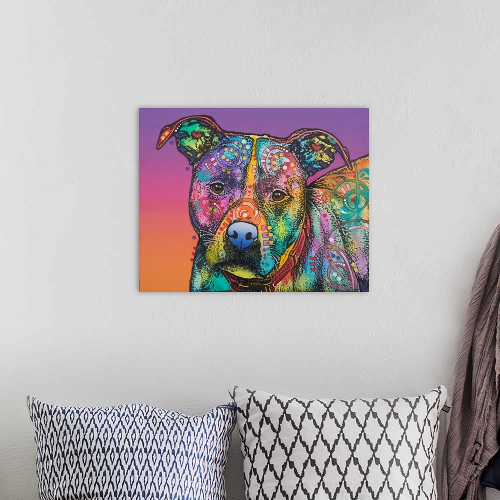 A bohemian room featuring Colorful painting of a pit bull covered in shaped designs on a purple to orange gradient background.