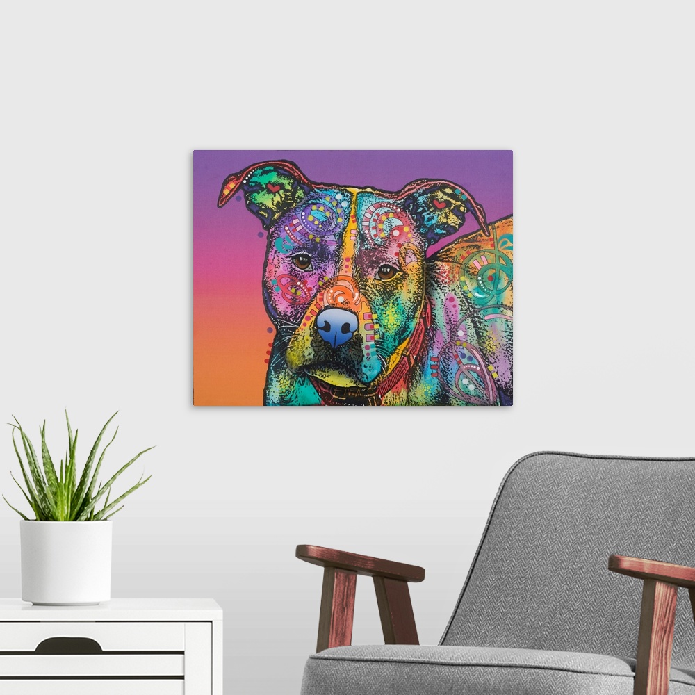A modern room featuring Colorful painting of a pit bull covered in shaped designs on a purple to orange gradient background.