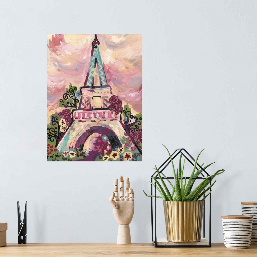 A bohemian room featuring "Light Of The City" - Contemporary painting of the Eiffel Tower in Paris.