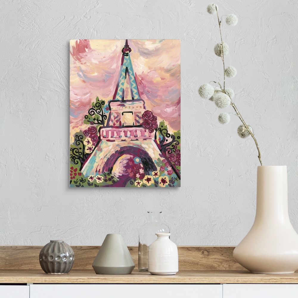 A farmhouse room featuring "Light Of The City" - Contemporary painting of the Eiffel Tower in Paris.