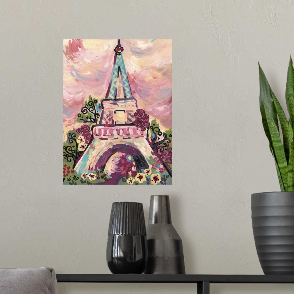 A modern room featuring "Light Of The City" - Contemporary painting of the Eiffel Tower in Paris.