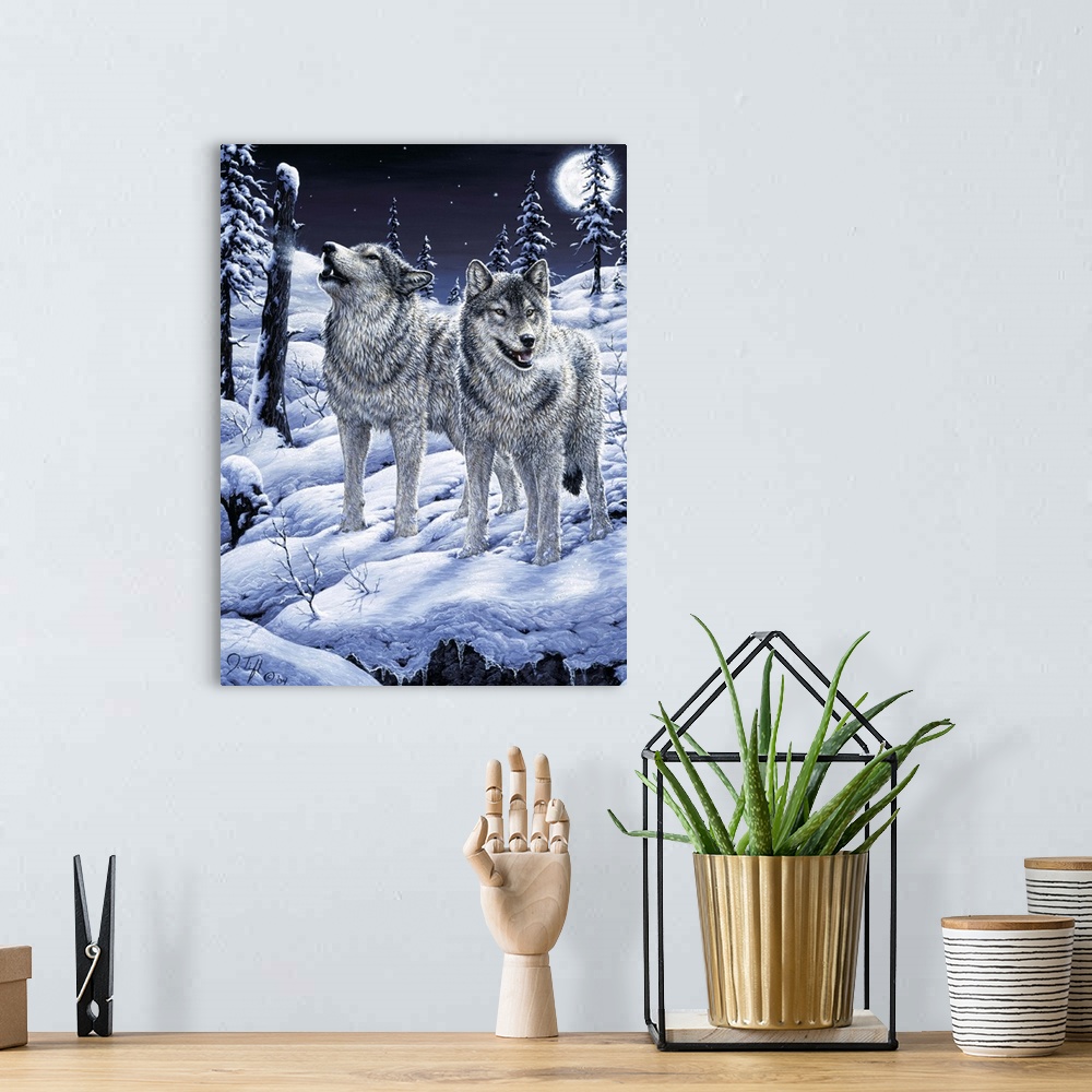 A bohemian room featuring wolf, wolves, howl, moon, snowwinter