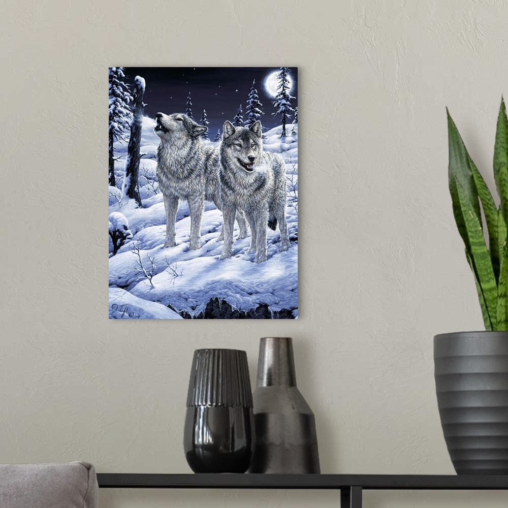A modern room featuring wolf, wolves, howl, moon, snowwinter