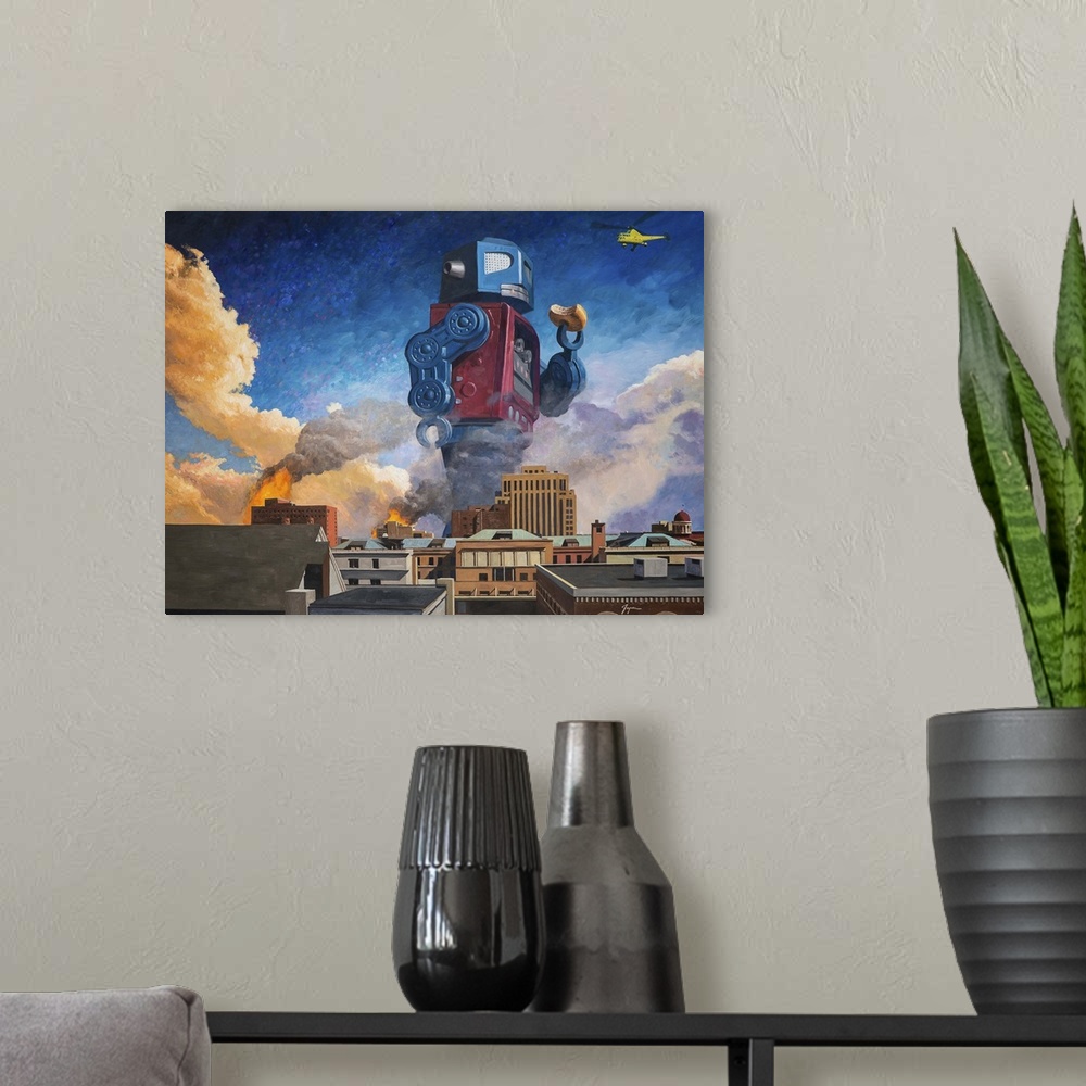 A modern room featuring A contemporary painting of a giant retro toy robot eating a donut and walking through a burning c...