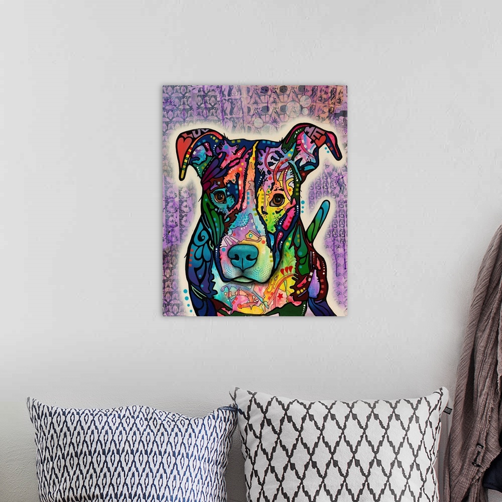 A bohemian room featuring Colorful painting of a pit bull with abstract markings on a purple background with faint black do...