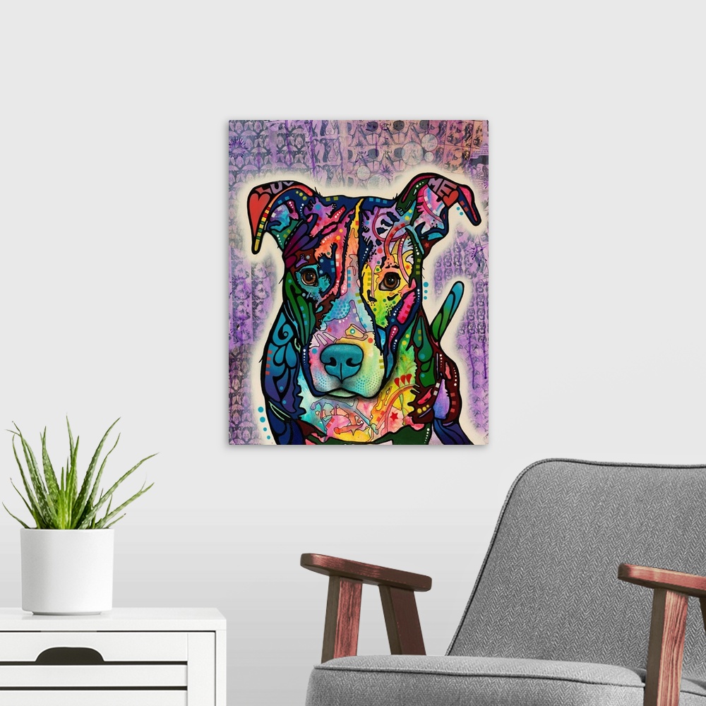 A modern room featuring Colorful painting of a pit bull with abstract markings on a purple background with faint black do...
