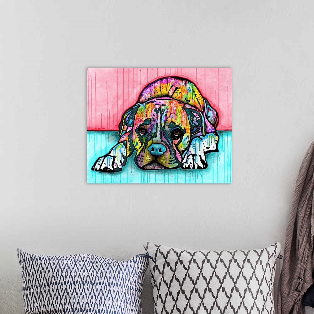 A bohemian room featuring Colorful painting of a boxer lying down on the ground with a sad look on ts face and paint drips ...