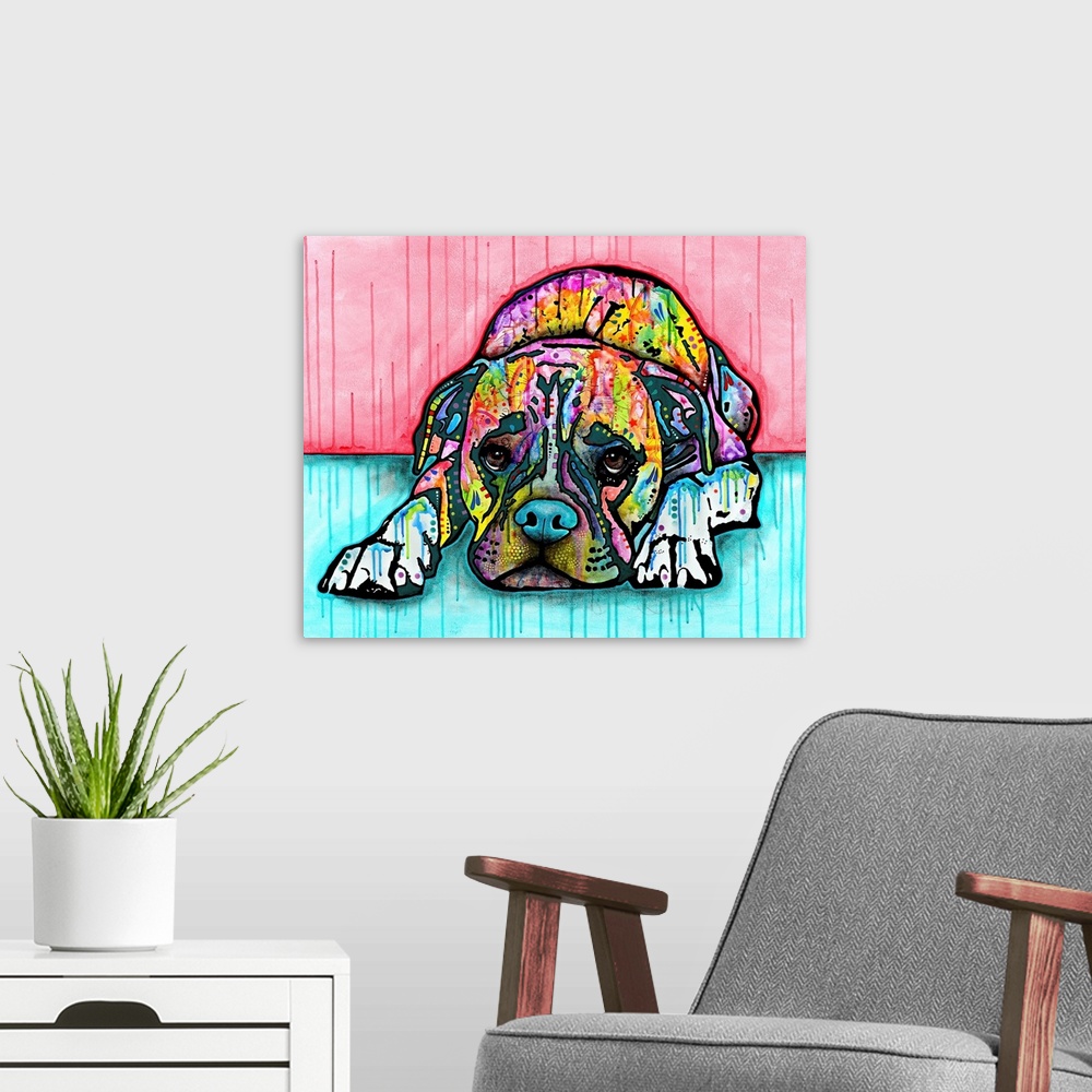 A modern room featuring Colorful painting of a boxer lying down on the ground with a sad look on ts face and paint drips ...