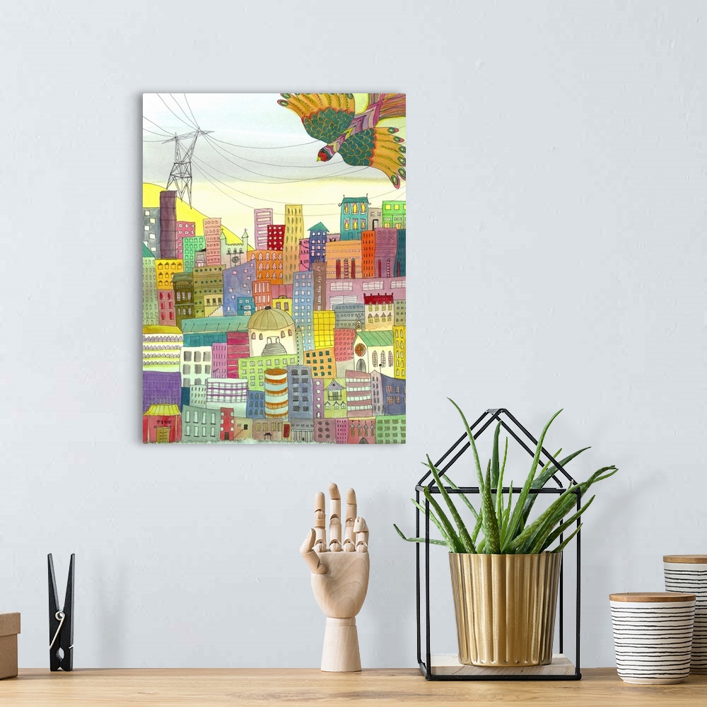 A bohemian room featuring Contemporary painting of a city of colorful buildings.