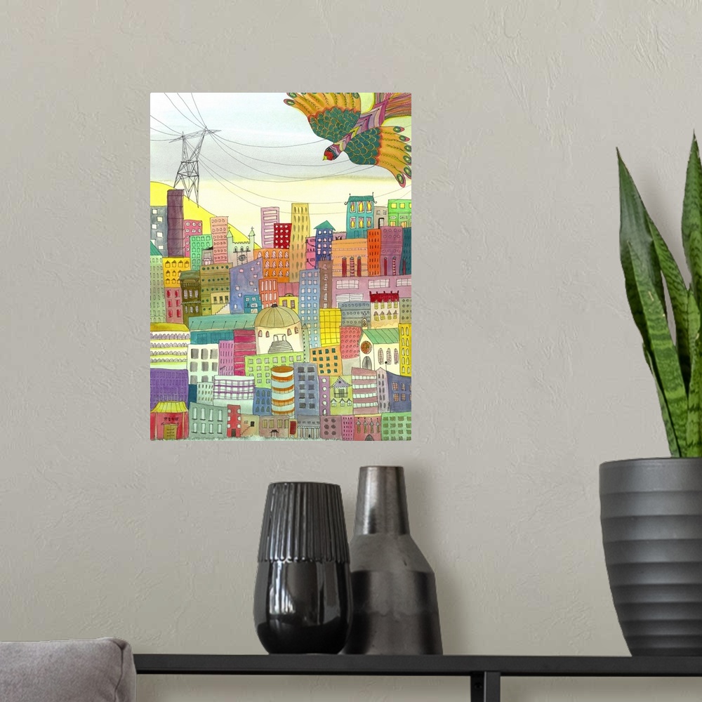 A modern room featuring Contemporary painting of a city of colorful buildings.