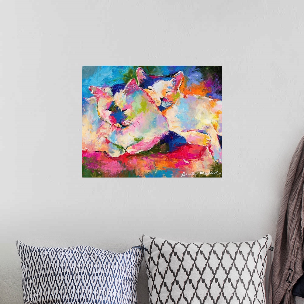 A bohemian room featuring Colorful abstract painting of two cats snuggling and sleeping together.