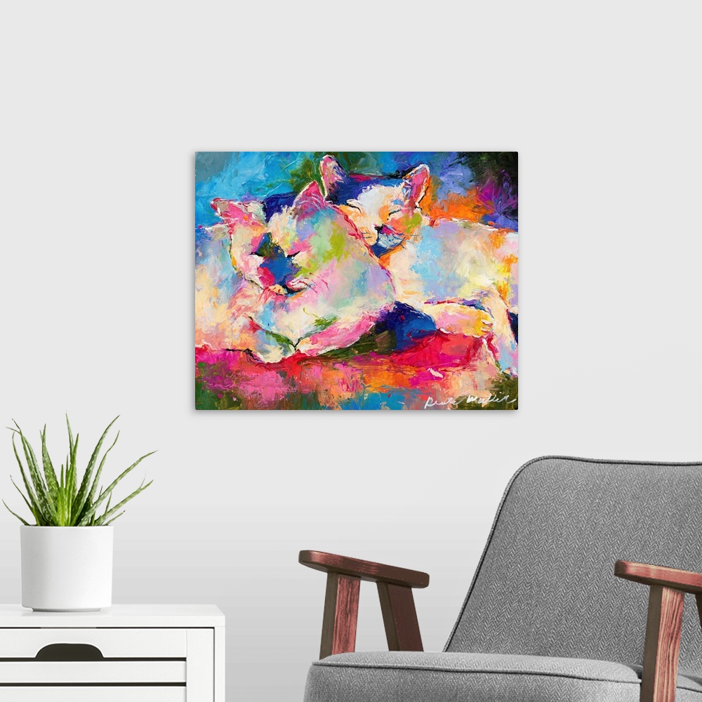 A modern room featuring Colorful abstract painting of two cats snuggling and sleeping together.