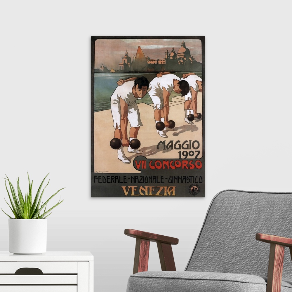 A modern room featuring Vintage advertisement artwork for Venice, Italy.