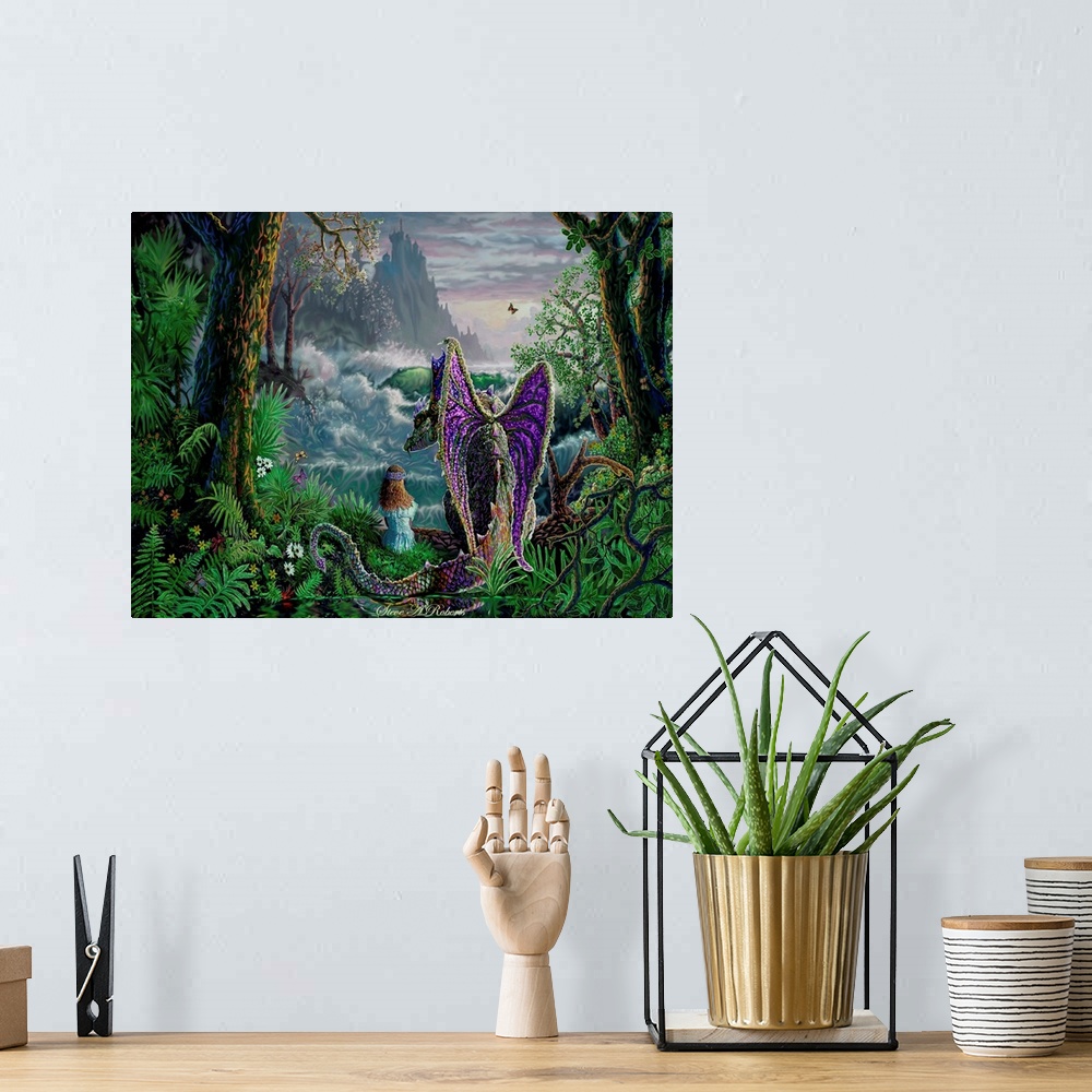 A bohemian room featuring Girl sitting next to a dragon looking over the prehistoric landscape