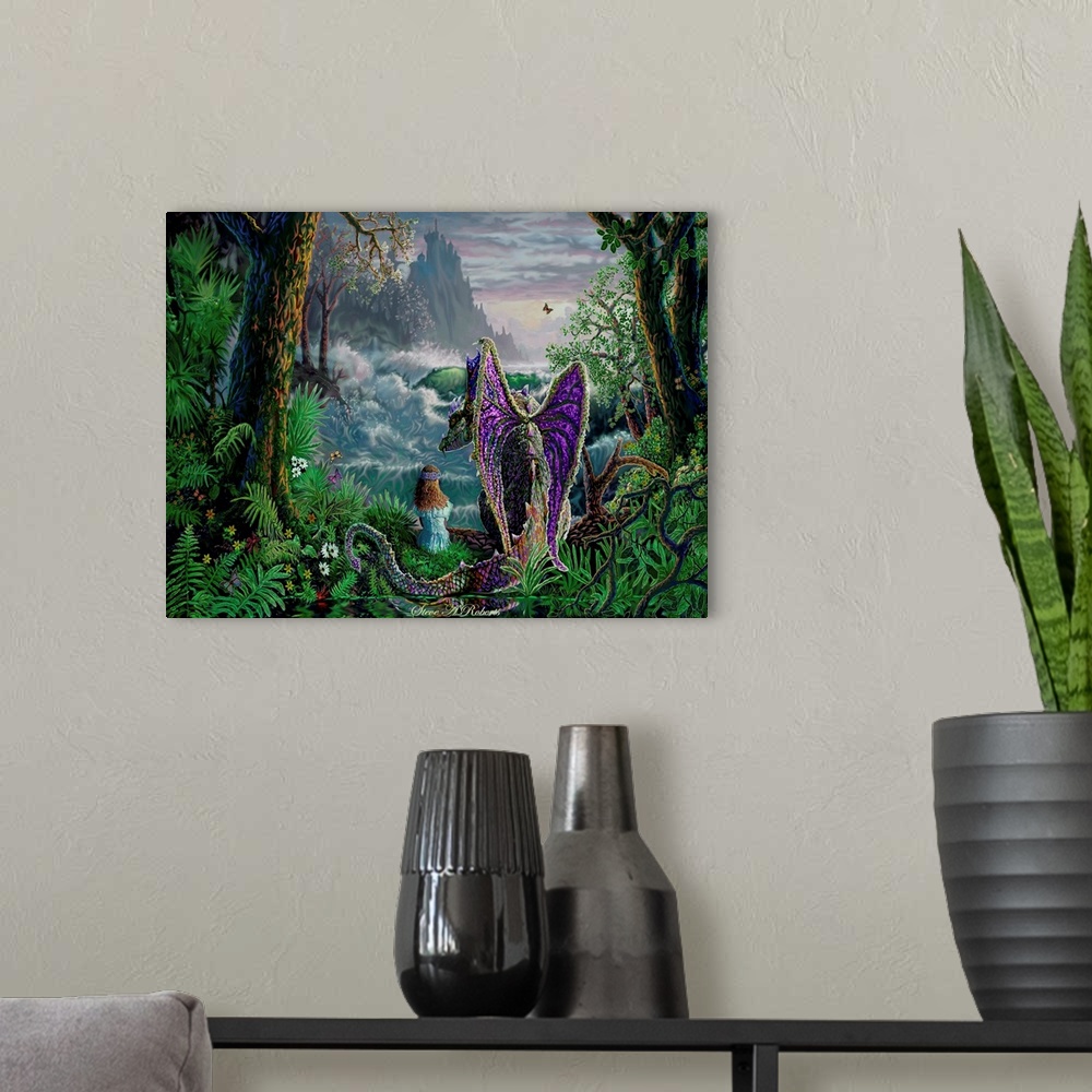 A modern room featuring Girl sitting next to a dragon looking over the prehistoric landscape