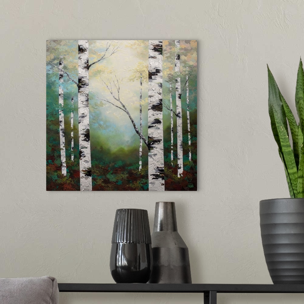 A modern room featuring Ethereal forest landscape painting of birch trees and aspen trees in sunlight Giclee art print on...