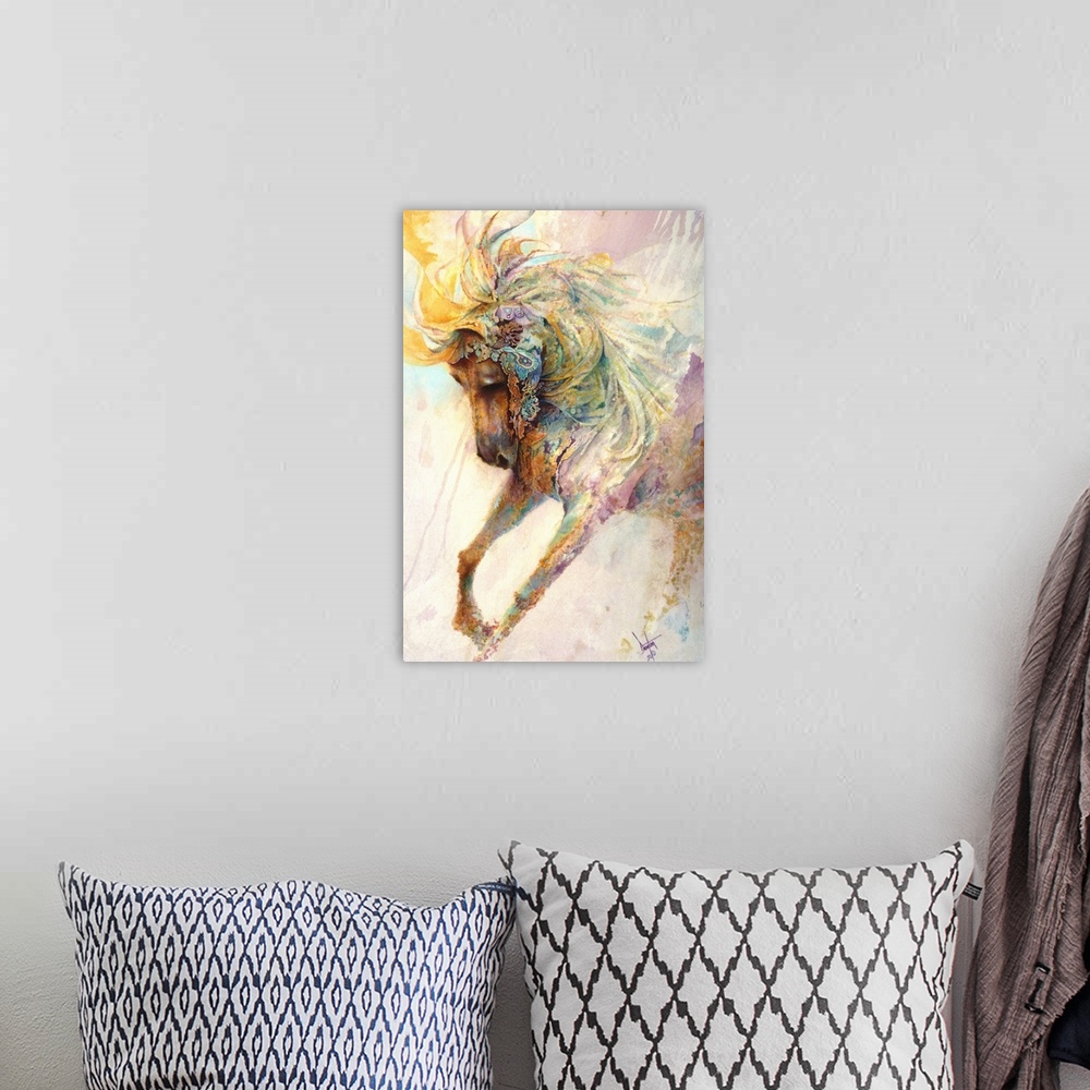 A bohemian room featuring Contemporary painting of a horse with a colorful magical looking mane.