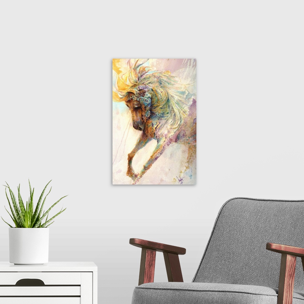 A modern room featuring Contemporary painting of a horse with a colorful magical looking mane.