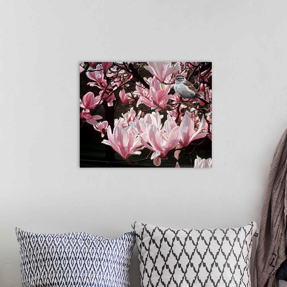 A bohemian room featuring Pink magnolias with a bird.