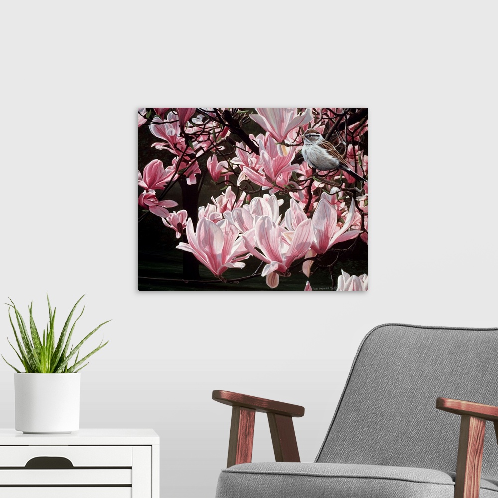 A modern room featuring Pink magnolias with a bird.