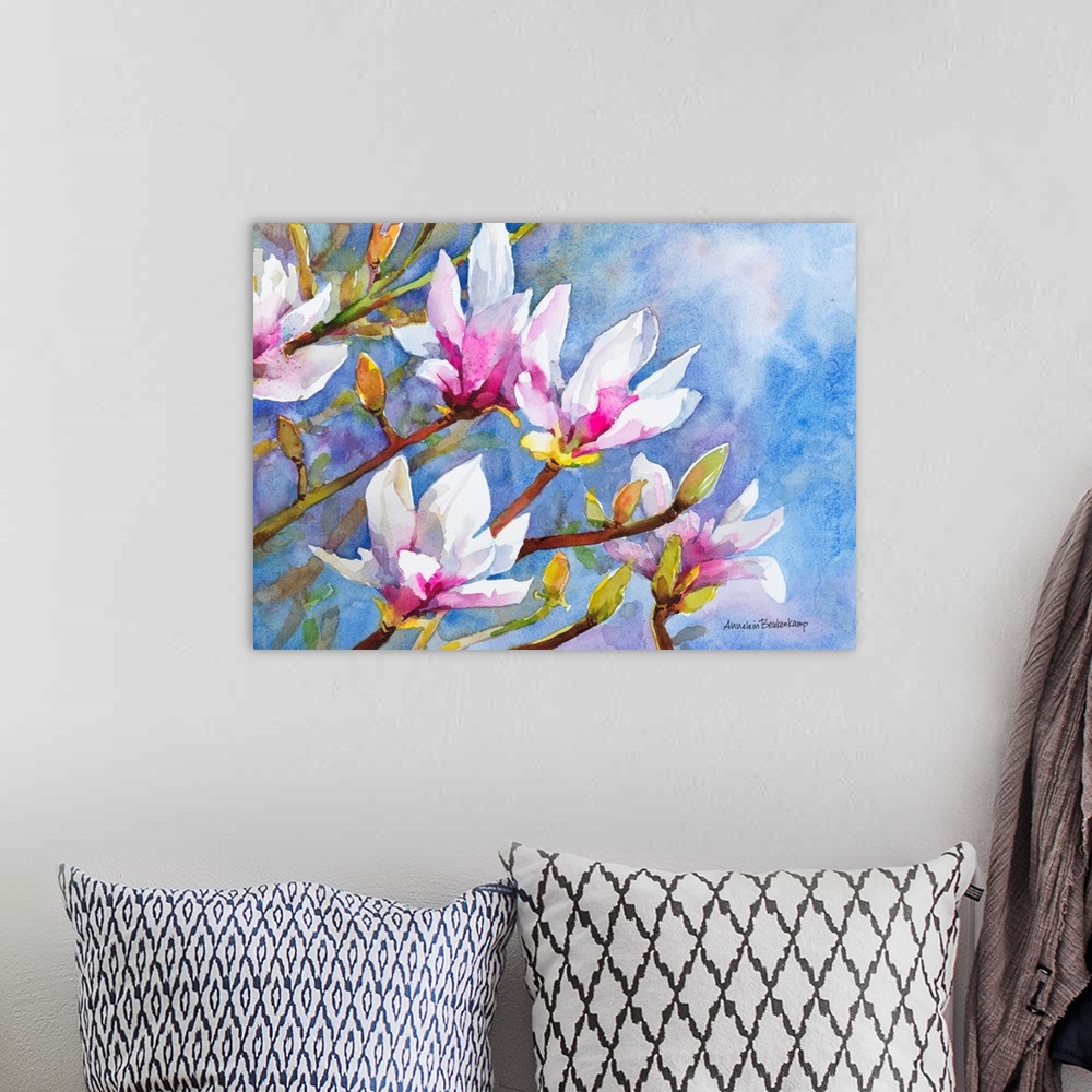 A bohemian room featuring A bright summer image of light pink magnolia blossoms against a sunny blue sky