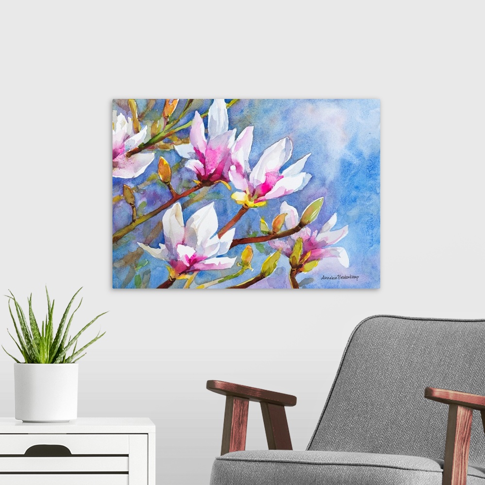 A modern room featuring A bright summer image of light pink magnolia blossoms against a sunny blue sky