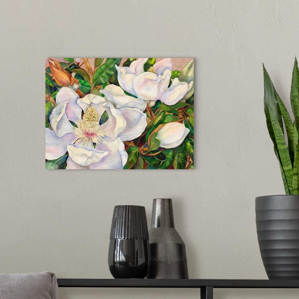 A modern room featuring Colorful contemporary painting of white magnolias.