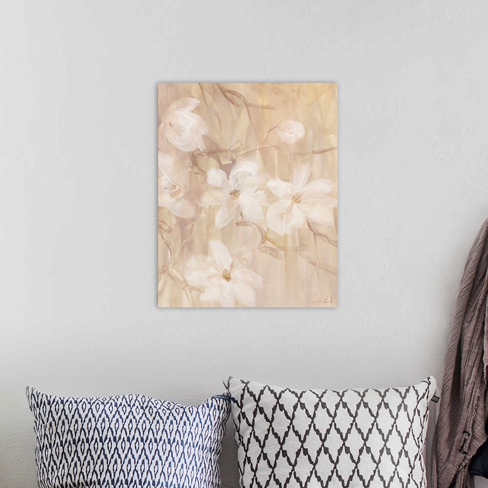 A bohemian room featuring Contemporary painting of a group of magnolias.