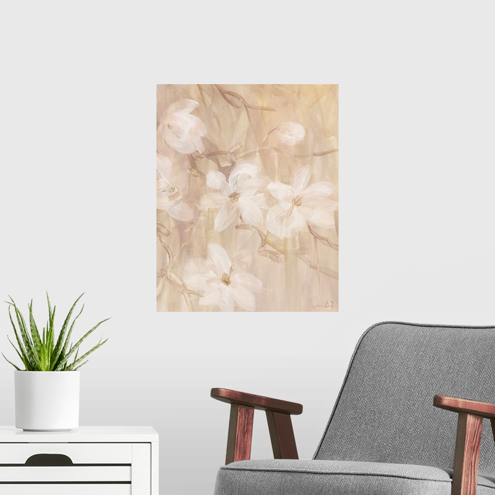 A modern room featuring Contemporary painting of a group of magnolias.