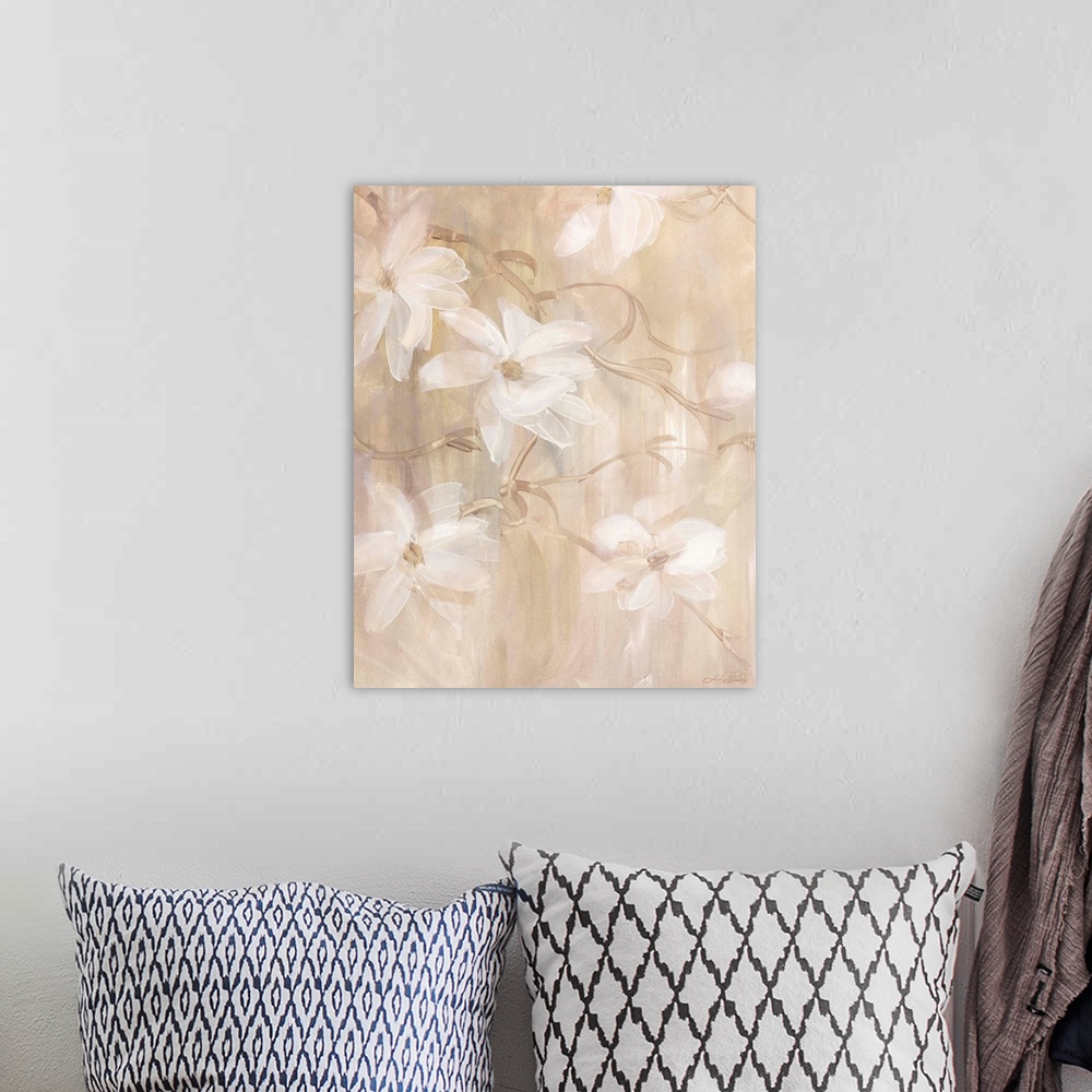 A bohemian room featuring Contemporary painting of a group of magnolias.