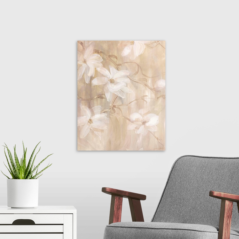 A modern room featuring Contemporary painting of a group of magnolias.