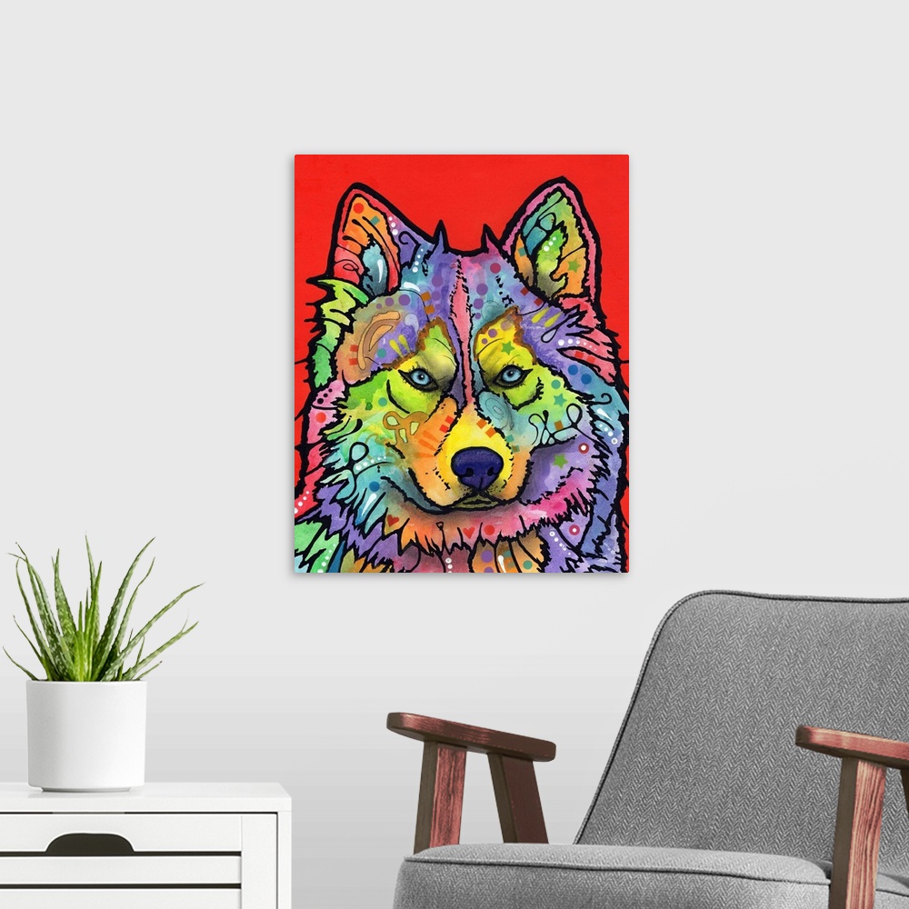 A modern room featuring Colorful painting of a wolf with abstract markings on a bright red background.