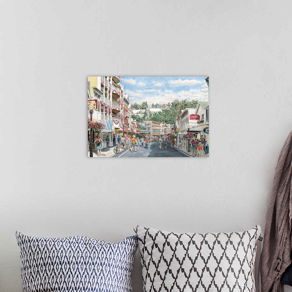 A bohemian room featuring Contemporary painting of a bustling street.